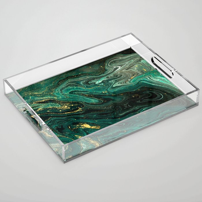 Abstract Pour Painting Liquid Marble Dark Green Teal Painting Gold Accent Acrylic Tray Gallery Image 1