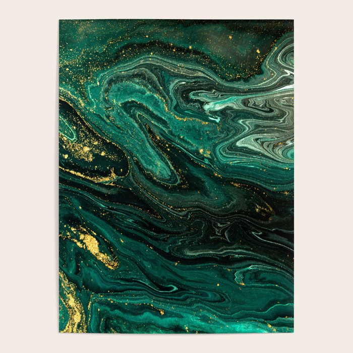 Abstract Pour Painting Liquid Marble Dark Green Teal Painting Gold Accent Poster Gallery Image 4