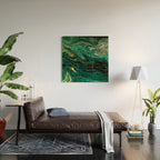 Abstract Pour Painting Liquid Marble Dark Green Teal Painting Gold Accent Wood Wall Art Gallery Image 2