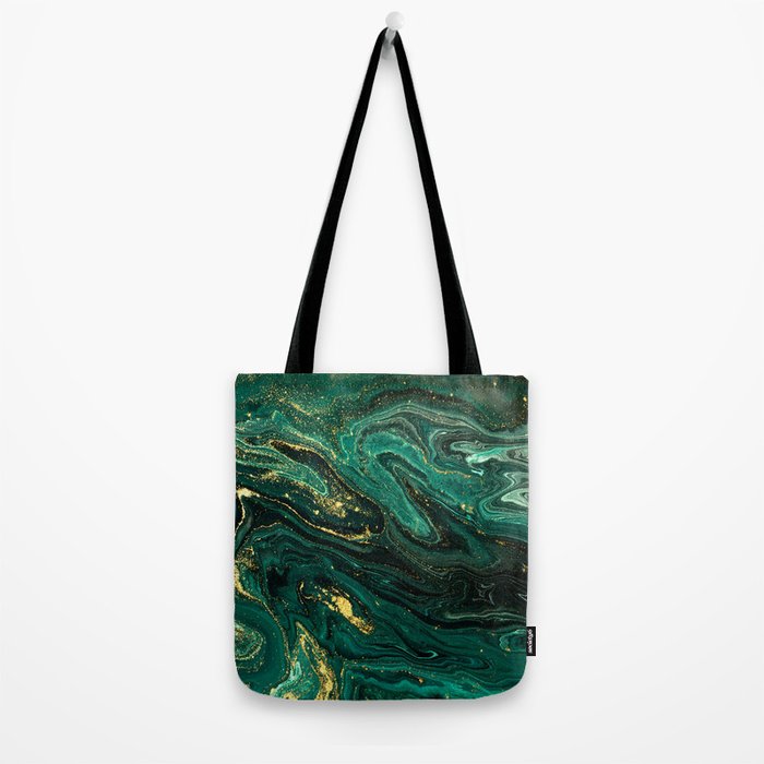 Abstract Pour Painting Liquid Marble Dark Green Teal Painting Gold Accent Tote Bag Gallery Image 2