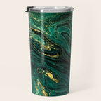 Abstract Pour Painting Liquid Marble Dark Green Teal Painting Gold Accent Travel Mug Gallery Image 3