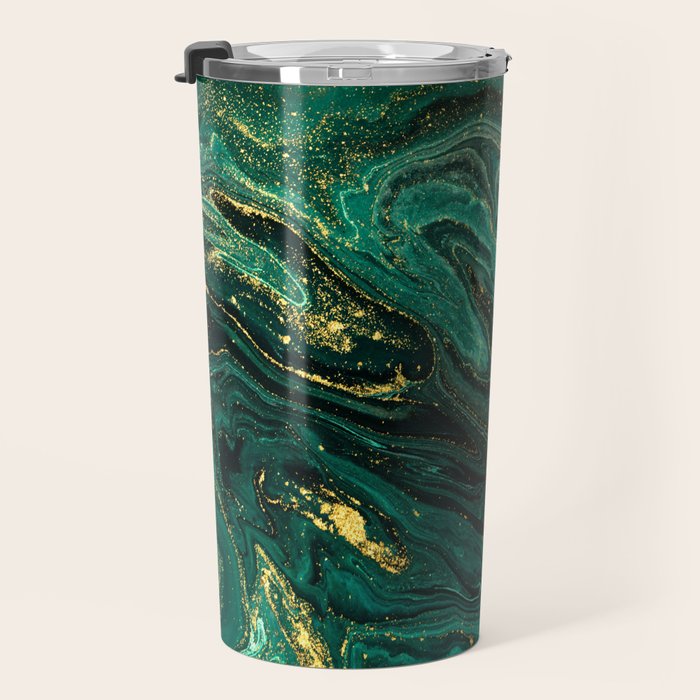 Abstract Pour Painting Liquid Marble Dark Green Teal Painting Gold Accent Travel Mug Gallery Image 3