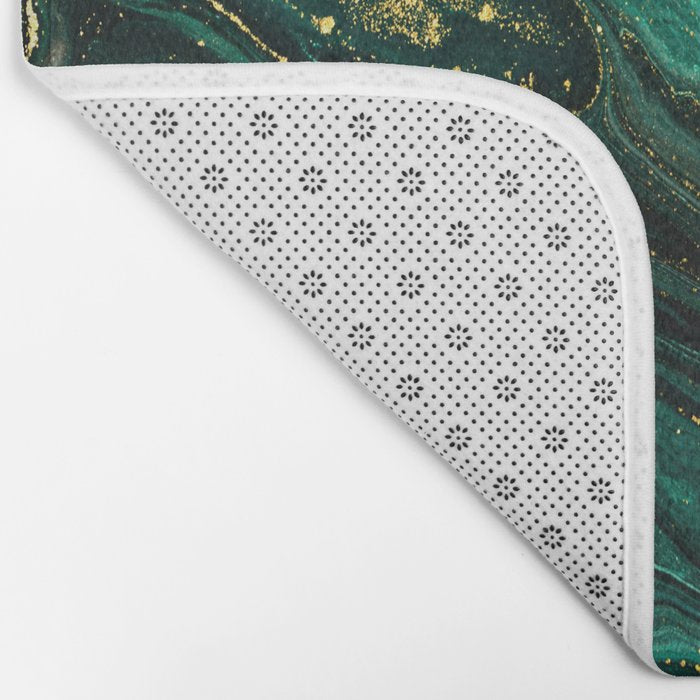 Abstract Pour Painting Liquid Marble Dark Green Teal Painting Gold Accent Bath Mat Gallery Image 2