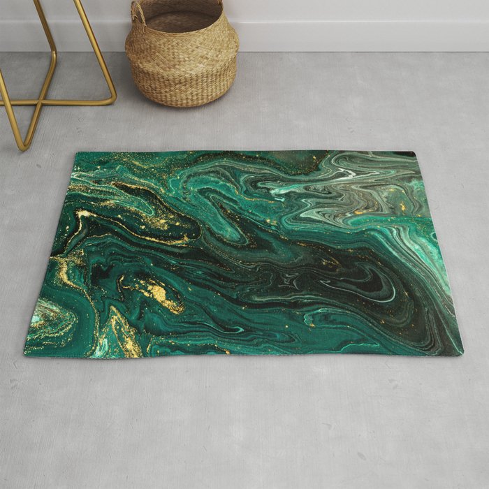 Abstract Pour Painting Liquid Marble Dark Green Teal Painting Gold Accent Rug Gallery Image 1