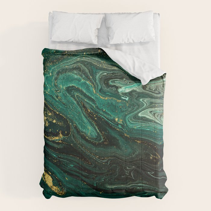 Abstract Pour Painting Liquid Marble Dark Green Teal Painting Gold Accent Comforter Gallery Image 6