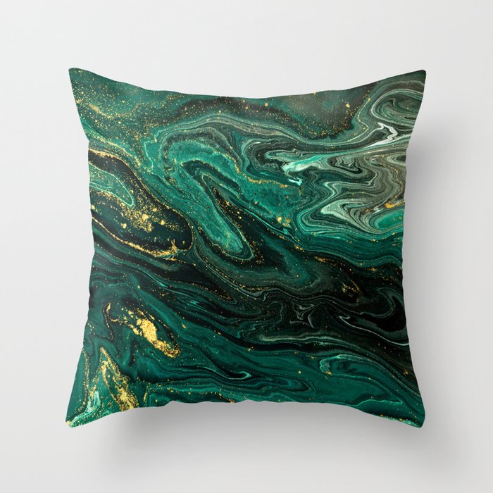 Abstract Pour Painting Liquid Marble Dark Green Teal Painting Gold Accent Throw Pillow Gallery Image 6