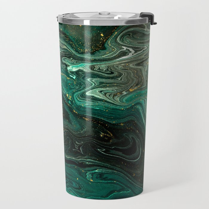 Abstract Pour Painting Liquid Marble Dark Green Teal Painting Gold Accent Travel Mug Gallery Image 2