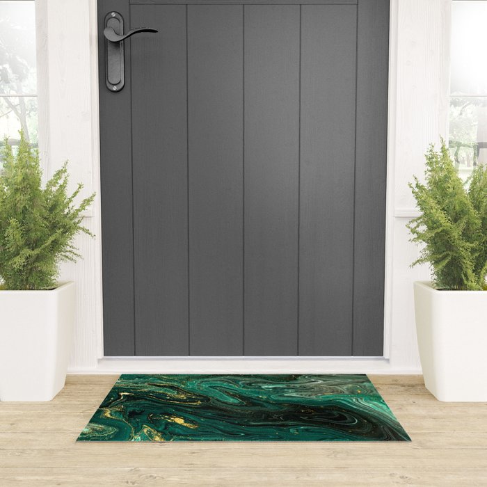 Abstract Pour Painting Liquid Marble Dark Green Teal Painting Gold Accent Welcome Mat Gallery Image 3