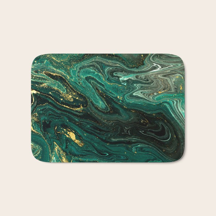 Abstract Pour Painting Liquid Marble Dark Green Teal Painting Gold Accent Bath Mat Gallery Image 1