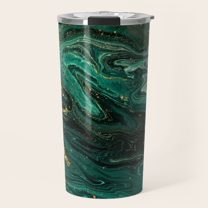 Abstract Pour Painting Liquid Marble Dark Green Teal Painting Gold Accent Travel Mug Gallery Image 1