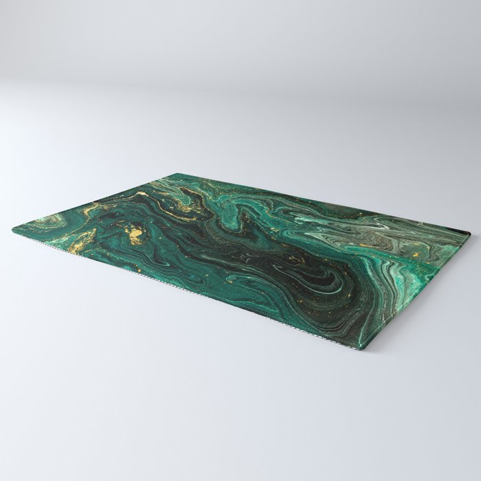 Abstract Pour Painting Liquid Marble Dark Green Teal Painting Gold Accent Rug Gallery Image 3