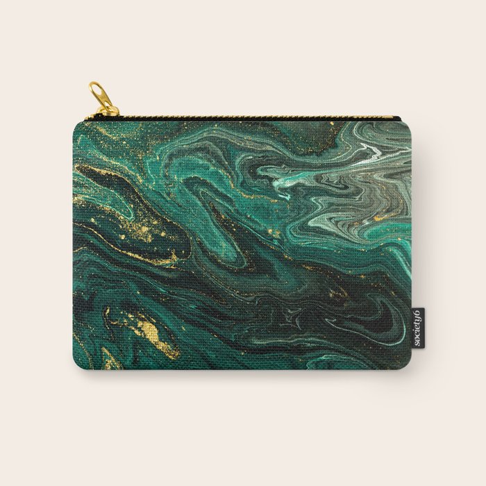 Abstract Pour Painting Liquid Marble Dark Green Teal Painting Gold Accent Carry All Pouch Gallery Image 1