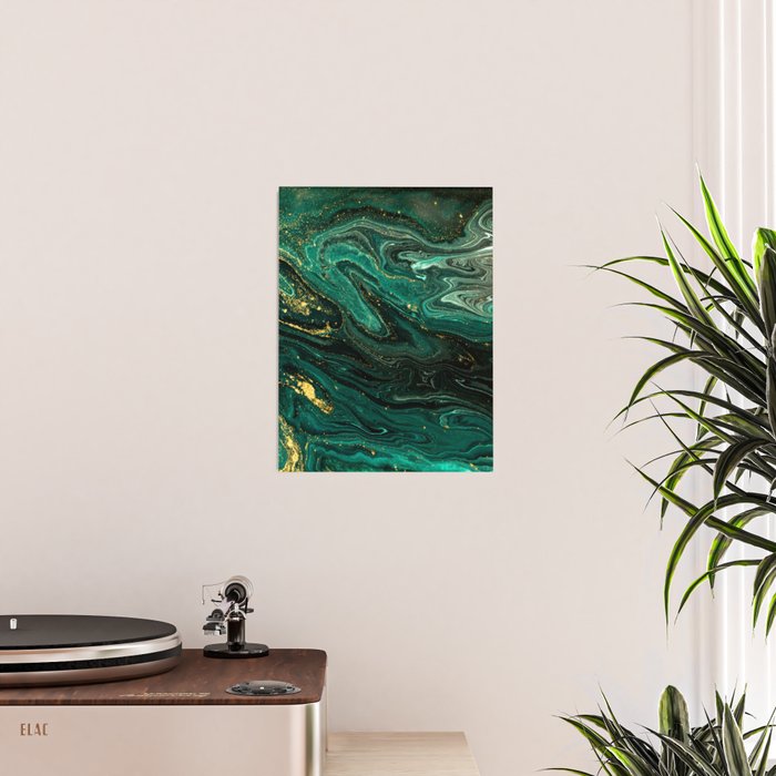 Abstract Pour Painting Liquid Marble Dark Green Teal Painting Gold Accent Poster Gallery Image 2