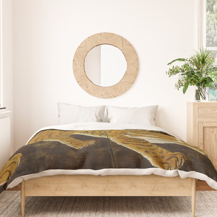 Japanese Tiger in Bamboo Grove Vintage Gold Leaf Screen Duvet Cover Gallery Image 3