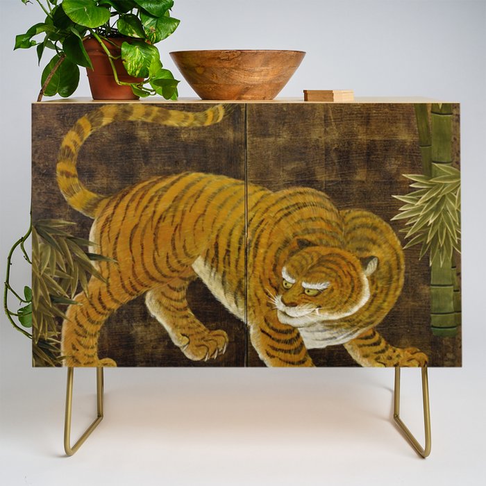 Japanese Tiger in Bamboo Grove Vintage Gold Leaf Screen Credenza Gallery Image 1