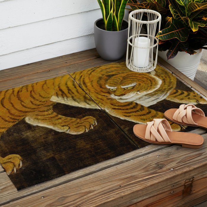 Japanese Tiger in Bamboo Grove Vintage Gold Leaf Screen Outdoor Rug Gallery Image 2