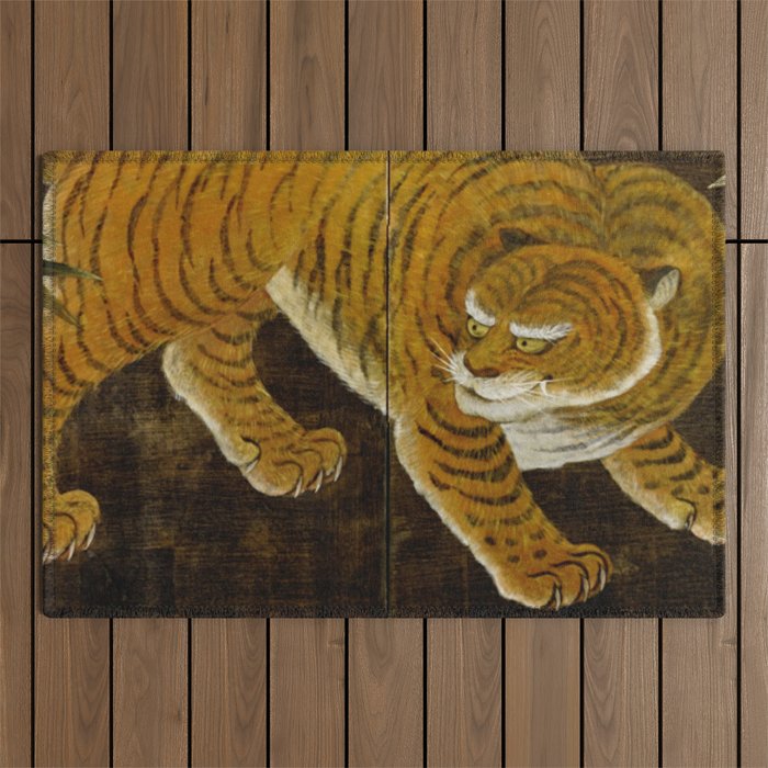 Japanese Tiger in Bamboo Grove Vintage Gold Leaf Screen Outdoor Rug Gallery Image 1