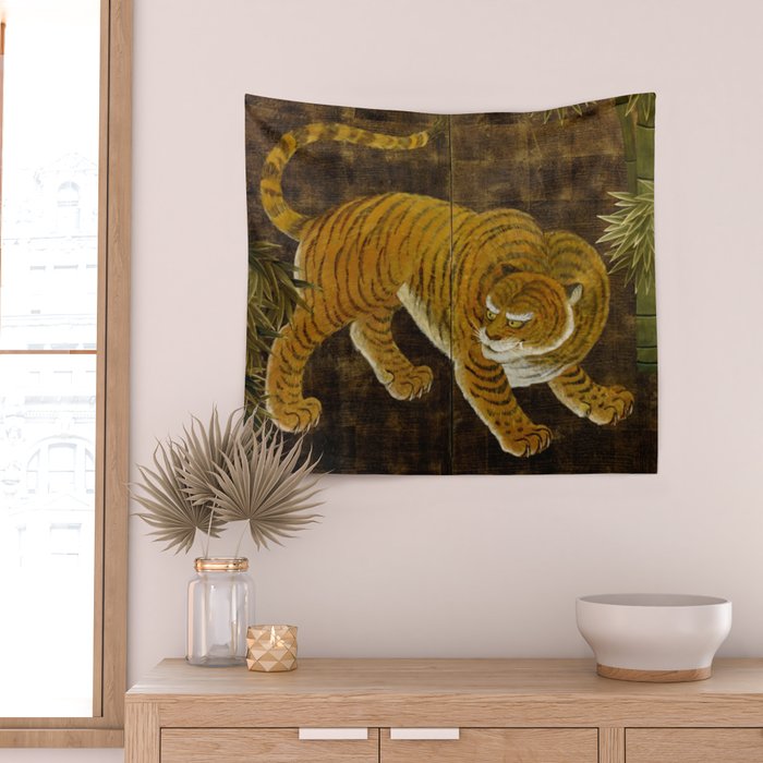 Japanese Tiger in Bamboo Grove Vintage Gold Leaf Screen Wall Tapestry Gallery Image 2