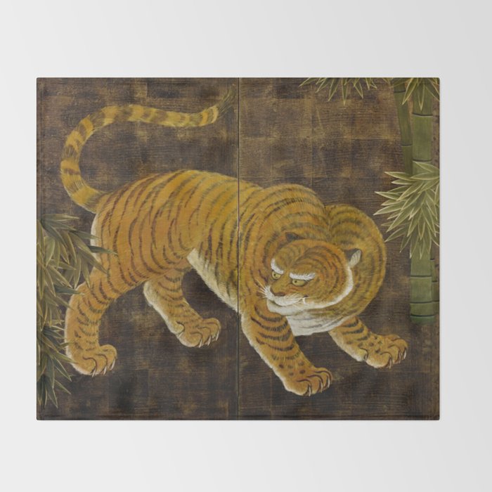 Japanese Tiger in Bamboo Grove Vintage Gold Leaf Screen Throw Blanket Gallery Image 2