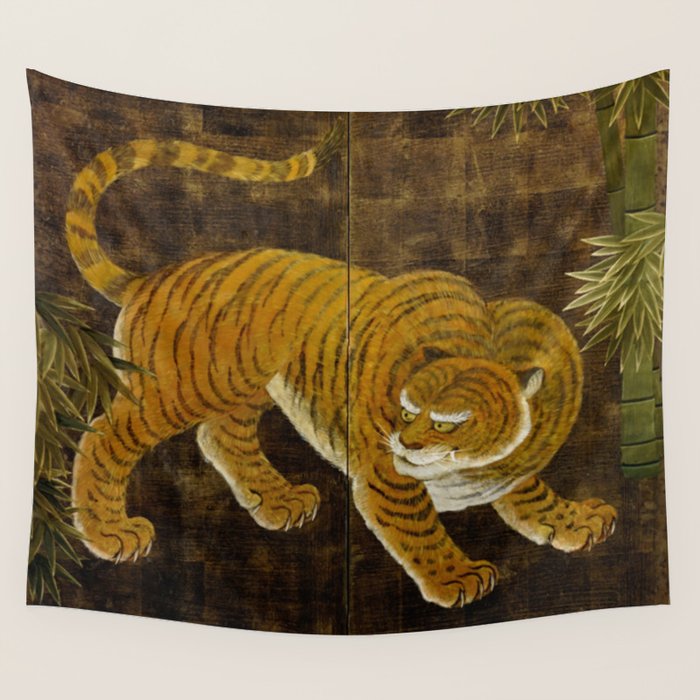 Japanese Tiger in Bamboo Grove Vintage Gold Leaf Screen Wall Tapestry Gallery Image 4