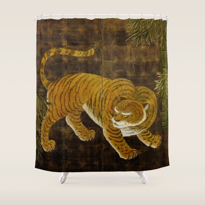 Japanese Tiger in Bamboo Grove Vintage Gold Leaf Screen Shower Curtain Gallery Image 1