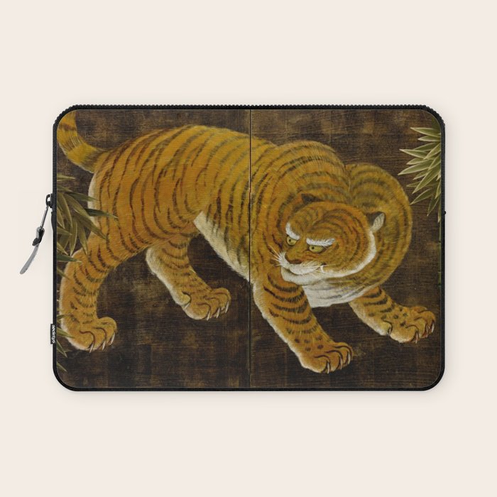 Japanese Tiger in Bamboo Grove Vintage Gold Leaf Screen Laptop Sleeve Gallery Image 1
