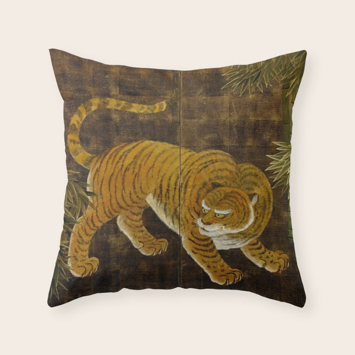 Japanese Tiger in Bamboo Grove Vintage Gold Leaf Screen Throw Pillow Gallery Image 6