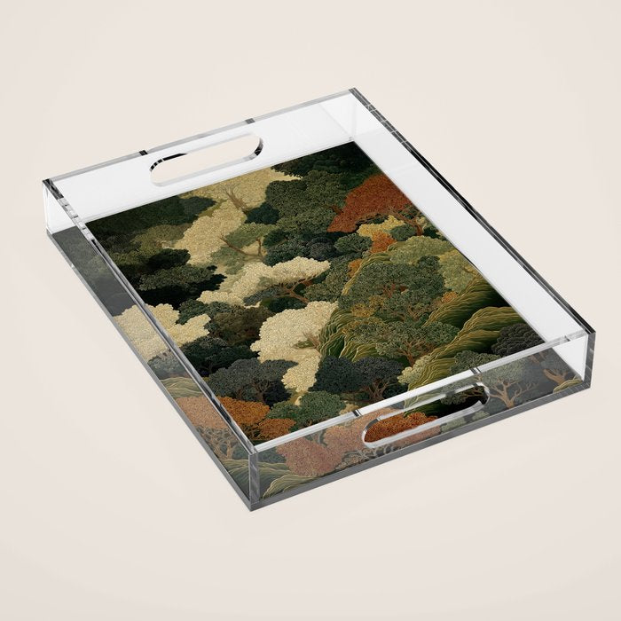 Japanese green Forest Painting Autumn Art Japandi Wall Art maximalist Art Nouveau Botanical Print Acrylic Tray Gallery Image 1