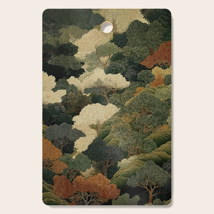 Japanese green Forest Painting Autumn Art Japandi Wall Art maximalist Art Nouveau Botanical Print Cutting Board Gallery Image 1