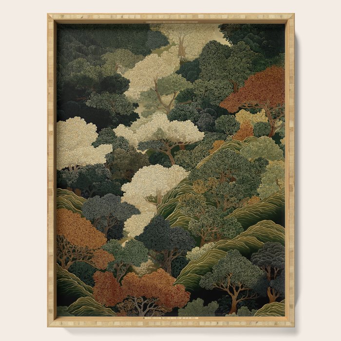 Japanese green Forest Painting Autumn Art Japandi Wall Art maximalist Art Nouveau Botanical Print Serving Tray Gallery Image 1
