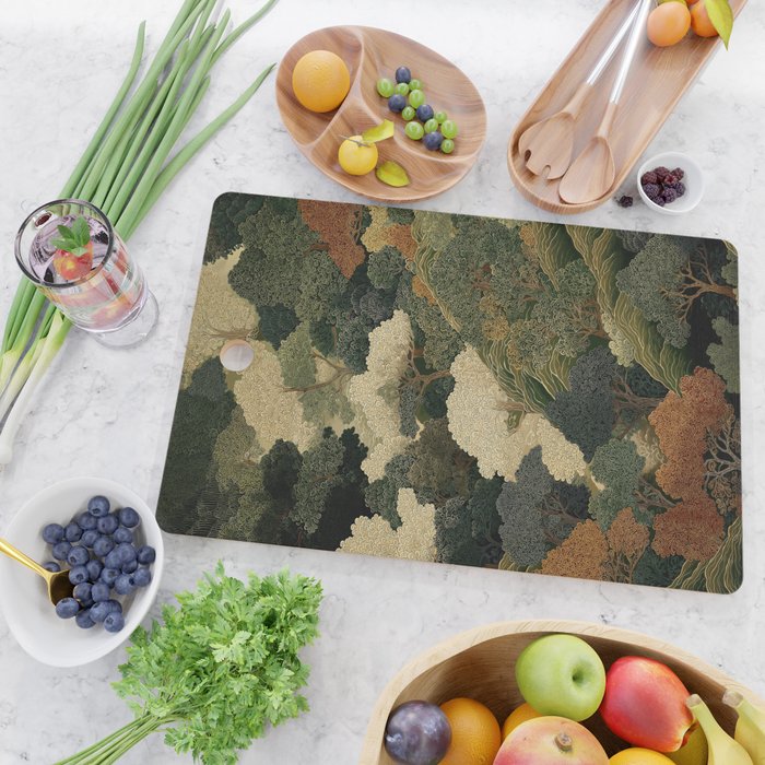 Japanese green Forest Painting Autumn Art Japandi Wall Art maximalist Art Nouveau Botanical Print Cutting Board Gallery Image 2
