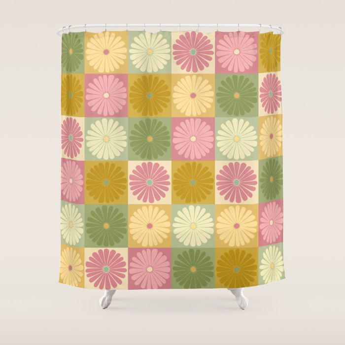 Retro Flowers Check Pattern XVII Shower Curtain Gallery Image 1