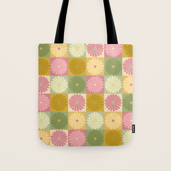 Retro Flowers Check Pattern XVII Tote Bag Gallery Image 1