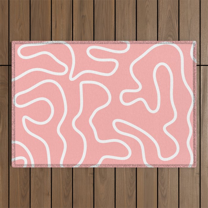 Squiggle Maze Minimalist Abstract Pattern in Pink and White Outdoor Rug Gallery Image 1