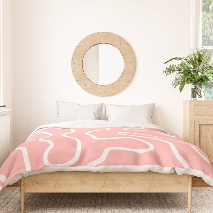 Squiggle Maze Minimalist Abstract Pattern in Pink and White Duvet Cover Gallery Image 3