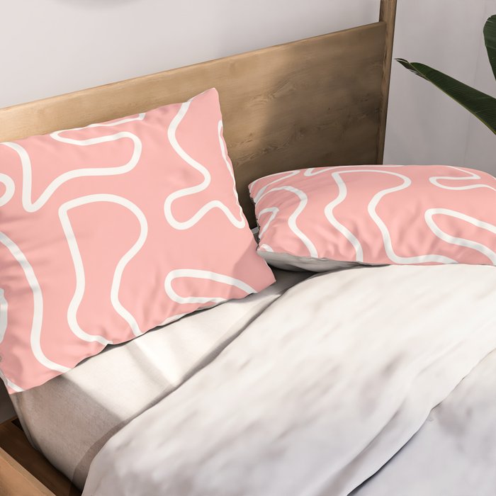 Squiggle Maze Minimalist Abstract Pattern in Pink and White Pillow Sham Gallery Image 2