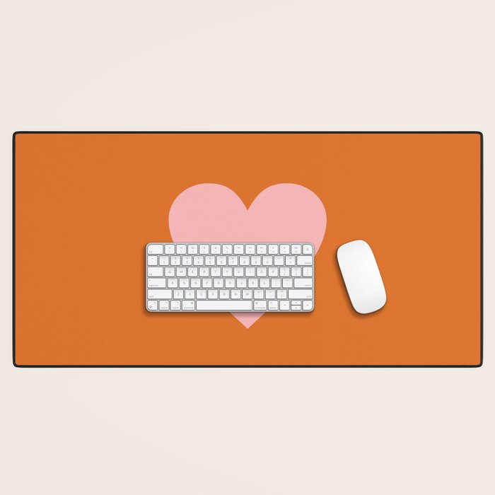 Cute Pink Heart on Orange Minimal Desk Mat Gallery Image 1