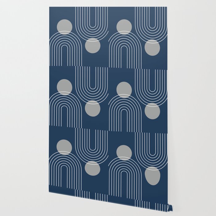 Mid Century Modern Geometric 106 in Navy Blue and Grey (Rainbow and Sun Abstraction) Wallpaper Gallery Image 2