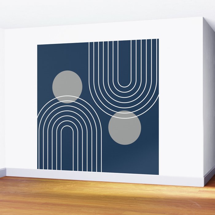 Mid Century Modern Geometric 106 in Navy Blue and Grey (Rainbow and Sun Abstraction) Wall Mural Gallery Image 2