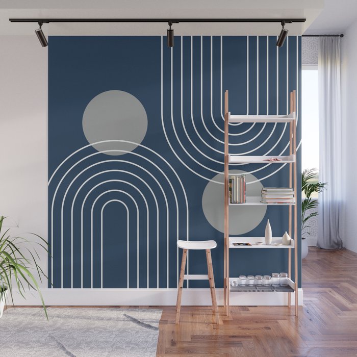 Mid Century Modern Geometric 106 in Navy Blue and Grey (Rainbow and Sun Abstraction) Wall Mural Gallery Image 1
