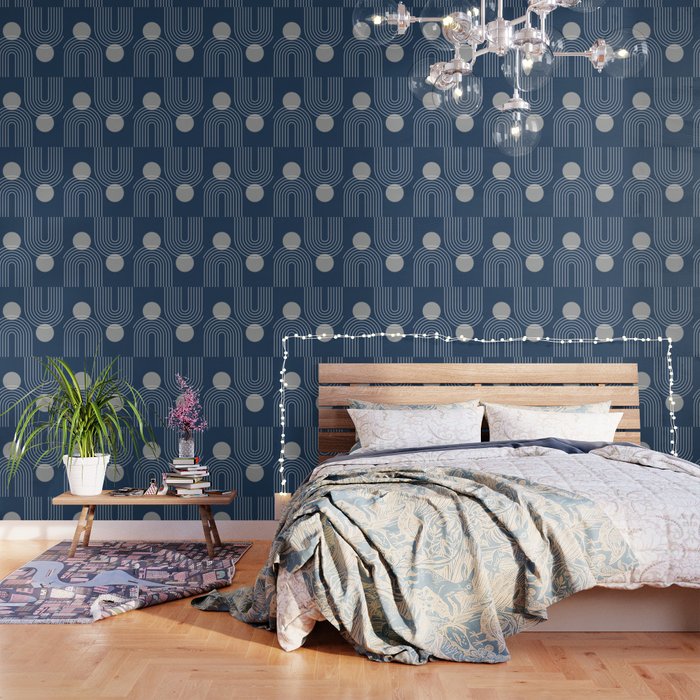 Mid Century Modern Geometric 106 in Navy Blue and Grey (Rainbow and Sun Abstraction) Wallpaper Gallery Image 3