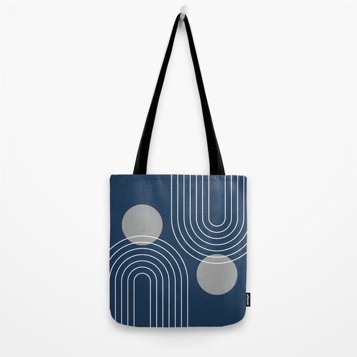 Mid Century Modern Geometric 106 in Navy Blue and Grey (Rainbow and Sun Abstraction) Tote Bag Gallery Image 2