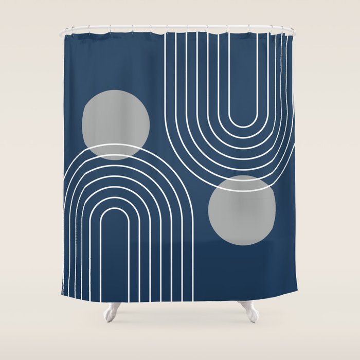 Mid Century Modern Geometric 106 in Navy Blue and Grey (Rainbow and Sun Abstraction) Shower Curtain Gallery Image 1