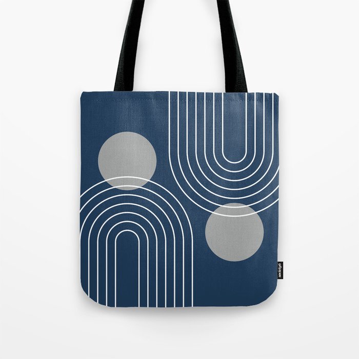 Mid Century Modern Geometric 106 in Navy Blue and Grey (Rainbow and Sun Abstraction) Tote Bag Gallery Image 1