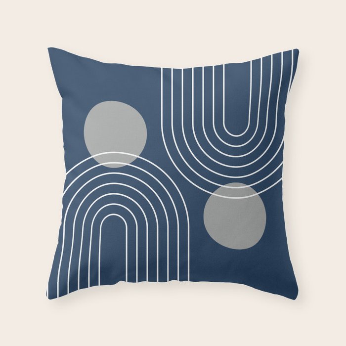 Mid Century Modern Geometric 106 in Navy Blue and Grey (Rainbow and Sun Abstraction) Throw Pillow Gallery Image 6