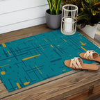 Mid-Century Modern Kinetikos Pattern in Moroccan Teal Blue and Ochre Outdoor Rug Gallery Image 2