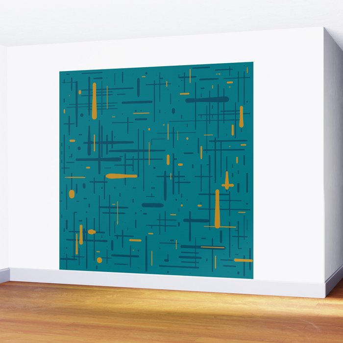 Mid-Century Modern Kinetikos Pattern in Moroccan Teal Blue and Ochre Wall Mural Gallery Image 2