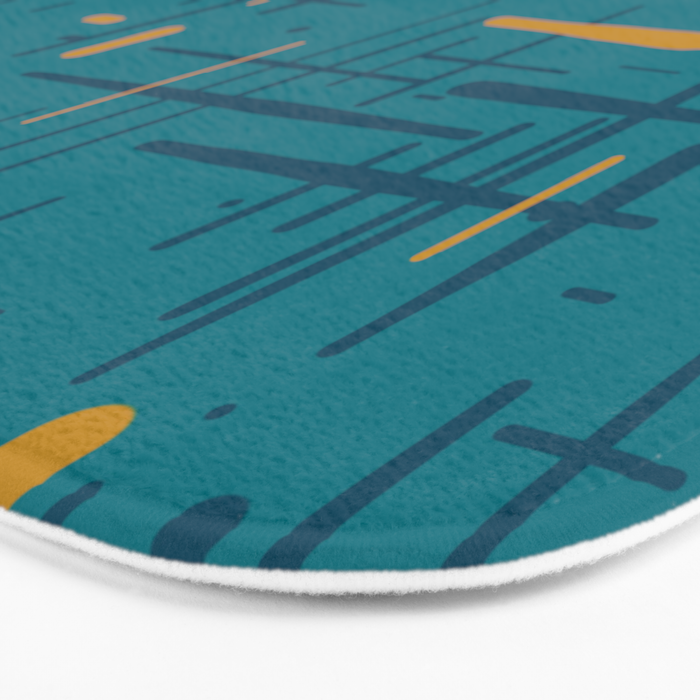 Mid-Century Modern Kinetikos Pattern in Moroccan Teal Blue and Ochre Bath Mat Gallery Image 3