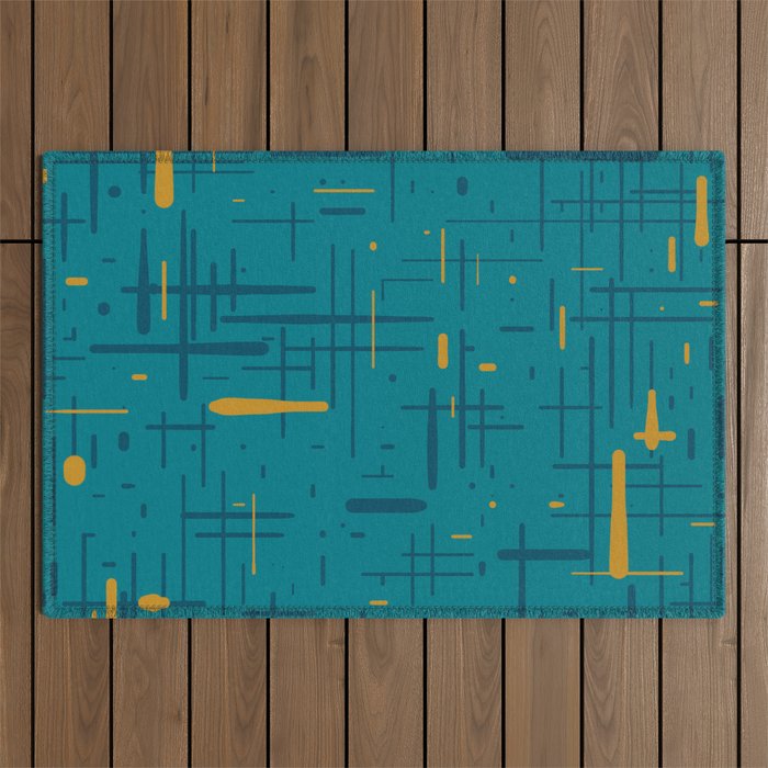 Mid-Century Modern Kinetikos Pattern in Moroccan Teal Blue and Ochre Outdoor Rug Gallery Image 1