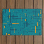 Mid-Century Modern Kinetikos Pattern in Moroccan Teal Blue and Ochre Outdoor Rug Gallery Image 1